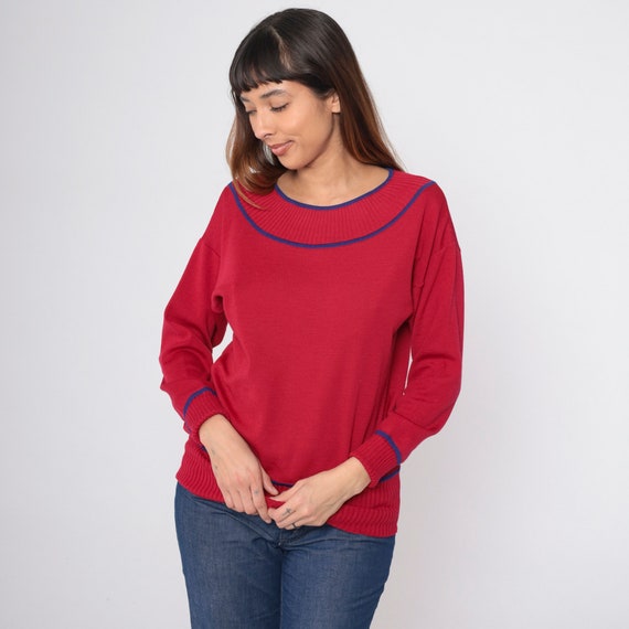 70s Goldworm Sweater Cherry Red Wool Sweater Italian Knit Pullover Scoop Neck Sweater Blue Contrast Ringer Neck Plain Vintage 1970s Small 6