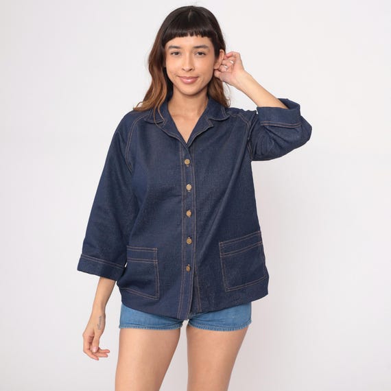 70s Denim Blazer Shacket Dark Blue Wide Collar Chest Pockets Gold Buttons Three Quarter Sleeve Boxy Oversized Fit Contrast Topstitch Medium
