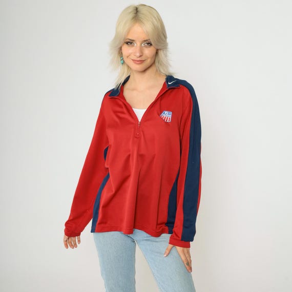 Vintage Nike Ski Team Shirt 90s US Athletic Long sleeve TShirt Red Zip Up Mock Neck Nike Top Retro Tee Vintage 1990s Sportswear Large
