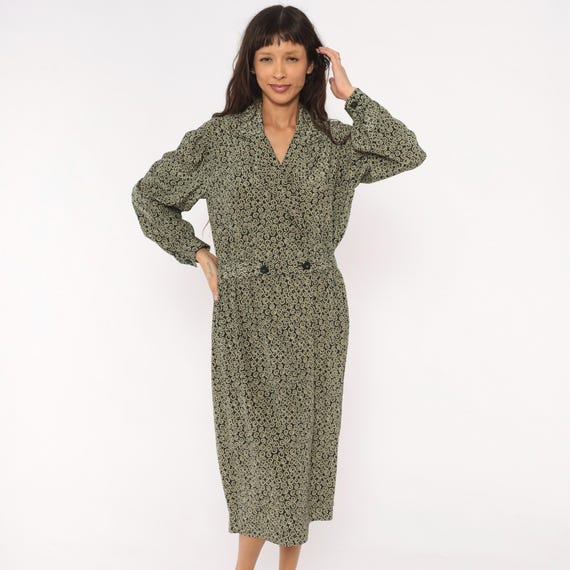 90s Swirl Print Dress Liz Claiborne Navy Olive Double Breasted Shirtdress V Neck Long Sleeve Midi Scroll Pattern Secretary Vintage Large L