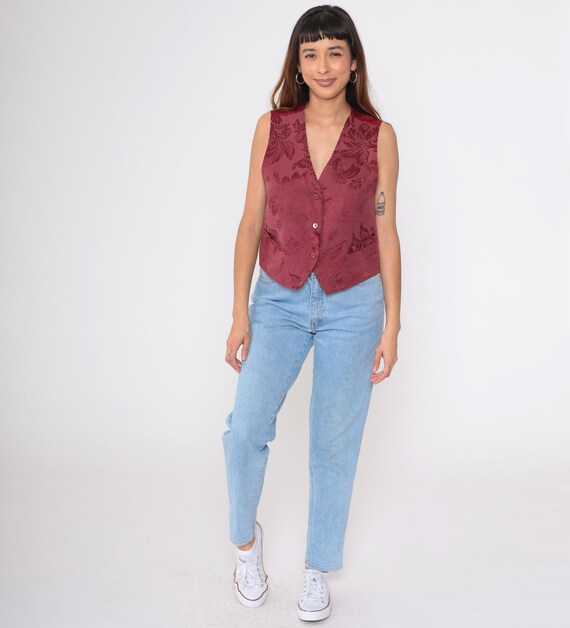 Vintage Jacquard Vest Burgundy Red Floral Sleeveless Button up 