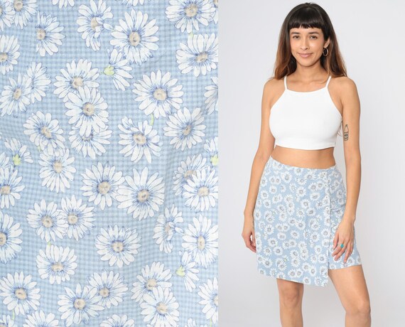 90s Floral Skort Checkered Baby Blue Mini Skirt Gingham Daisy Flower Print High Waisted Vintage 1990s MiniSkirt Shorts Retro Cotton Medium