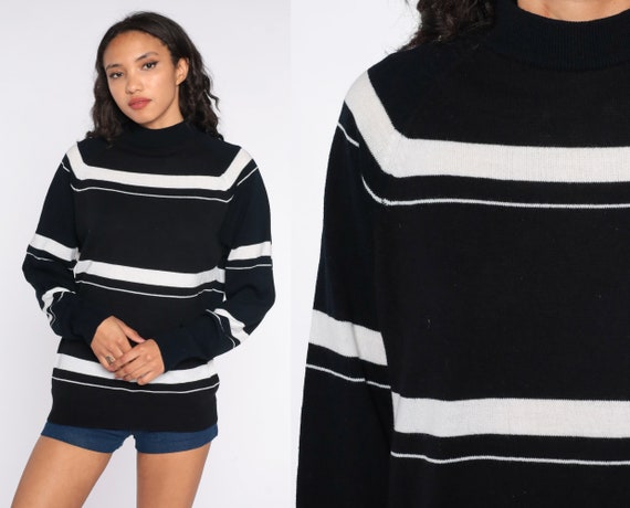 Black Striped Sweater 70s Sweater Knit White Pullover Mock Neck Sweater 1970s Bohemian Hippie Vintage Medium Large