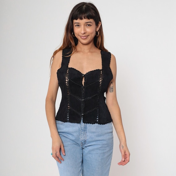 Vintage 90s Black Suede Crochet Vest Boho Lace Up Corset Blouse Sheer Scalloped Trim Button Up Tank 1990s Sweetheart Neckline Small Medium