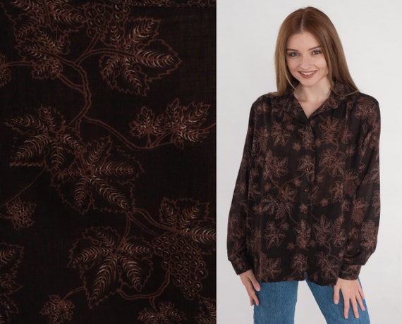Grapevine Blouse 80s Semi-Sheer Brown Button Up Shirt Grape Leaf Print Top Long sleeve Bohemian Retro Botanical Fruit Vintage 1980s Medium M