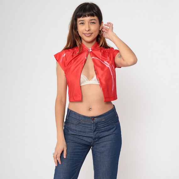 70s Red Crop Top Abstract Floral Blouse Hawaiian Mandarin Collar Short Cap Sleeve Vintage 1970s Cropped Shirt Boho Hippie Summer Small S