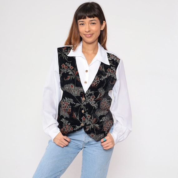 Attached Vest Top 90s Blouse White Button up Shirt Black Floral Print Long Sleeve Retro Twofer Boho 2fer Hippie Preppy Vintage 1990s Large L