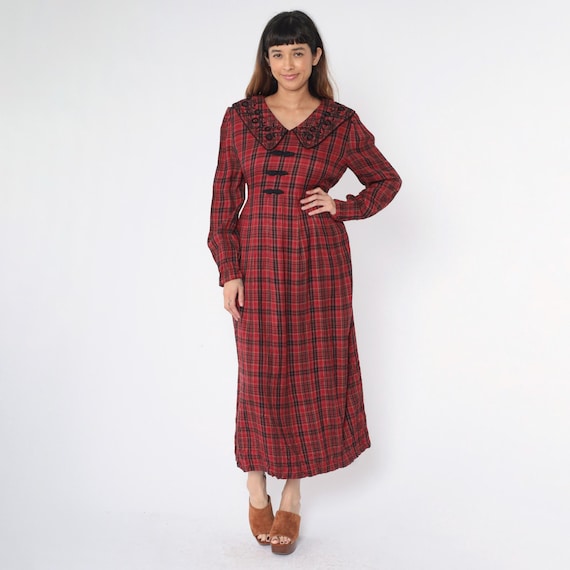 Vintage Long Plaid Dress 90s Red Maxi Floral Embroidered Tartan Checkered Print Puff Sleeve Pleated Dark Academia Ankle Length 1990s Large