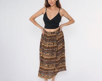 Saia vintage anos 90 vassoura estampa de folhas de outono saia boho listrada saia boho festival amarelo mostarda laranja queimado cintura elástica média