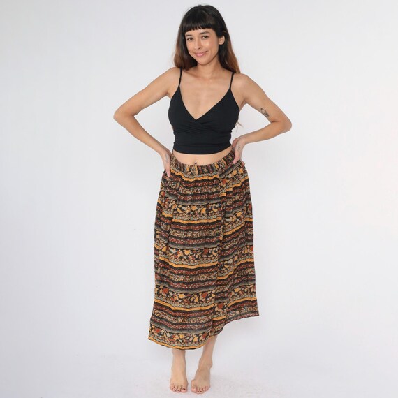 Vintage 90s Broomstick Skirt Fall Leaf Print Striped Bohemian Skirt Boho Festival Skirt Mustard Yellow Burnt Orange Elastic Waist Medium