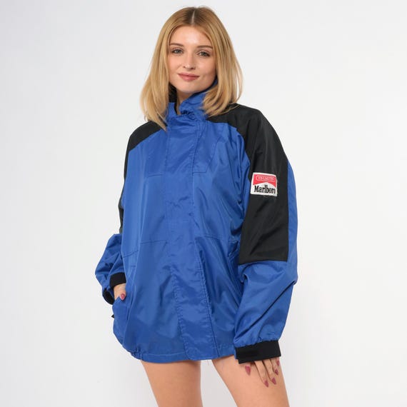 Vintage Marlboro Windbreaker Jacket 90s Blue Hooded Jacket Black Color Block Nylon 1990s Marlboro Unlimited Streetwear Oversized Medium M