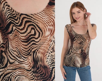 Boho Tank Top Y2K Pleated Psychedelic Blouse Op Art Swirl Animal Print Sleeveless Shirt Summer Brown Black Earth Tone Vintage 00s Large L