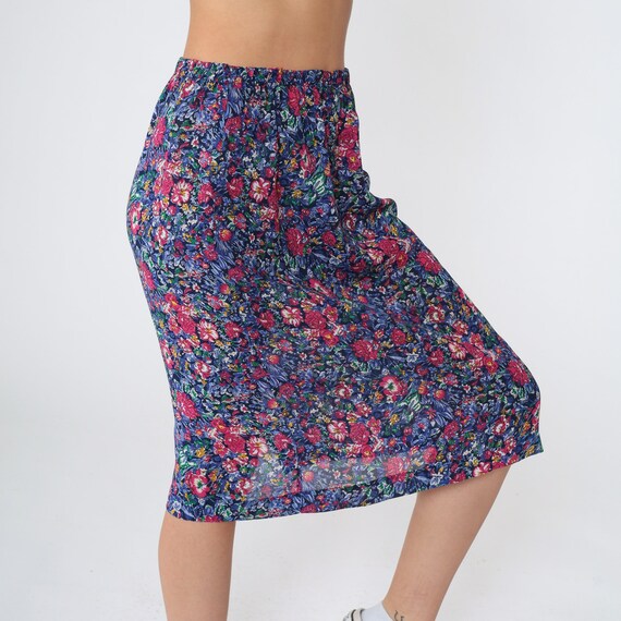 Floral Pencil Skirt 80s Midi Skirt High Waisted Wiggle Secretary Summer Garden Party Navy Blue Pink Flower Vintage 1980s Small XS S