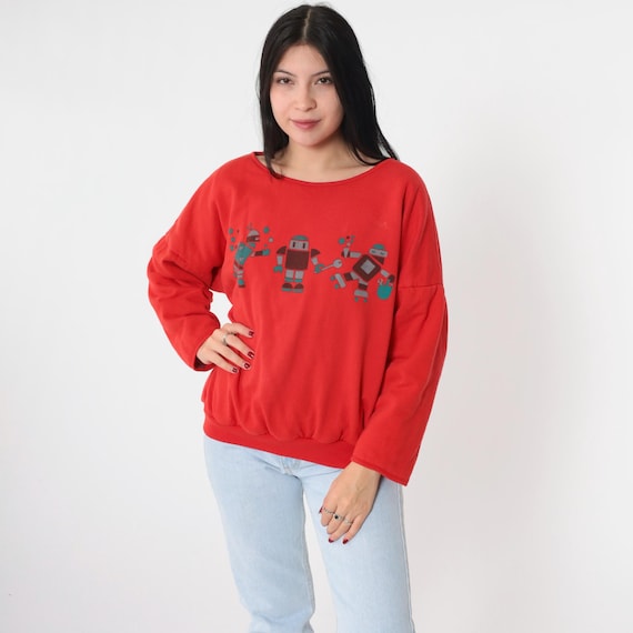Vintage Reversible Robot Sweatshirt 90s Red Cartoon Graphic All Over Print Novelty Shirt Retro AOP 1990s Long Sleeve Medium