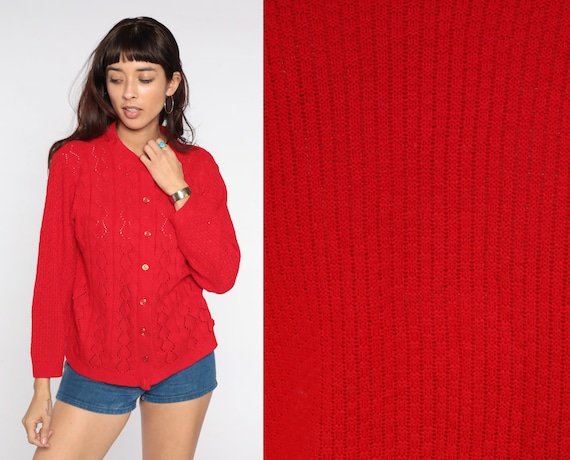 Red Cardigan Sweater 70s Pointelle Grandma Open Weave Sheer Sweater Vintage Acrylic Knit Button up Knitwear 80s Knitted Sweater Medium Large