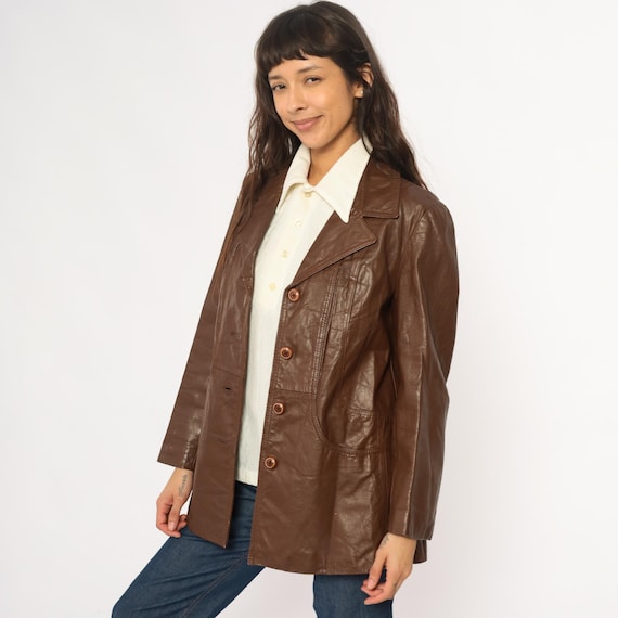 70s Brown Leather Jacket Button Front Collared Br… - image 4