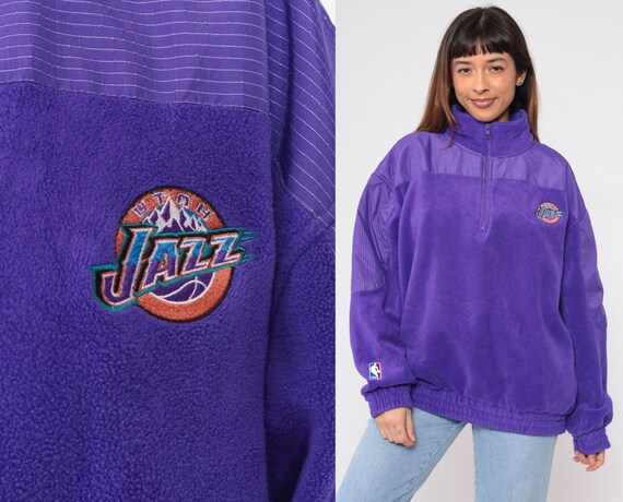 Utah Jazz Sweatshirt 90s Purple Fleece Quarter Zip Pullover Sweater NBA Basketball Salt Lake City Retro Sports Jacket Vintage 1990s Men's XL
