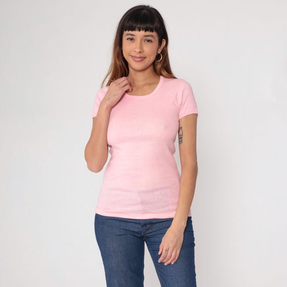 70s Pink Tshirt Vintage Hanes Baby Tee French Cut Cotton Fitted Scoop Neck USA Made Pastel Minimal Retro Classic Tee Bubblegum Pink Large L