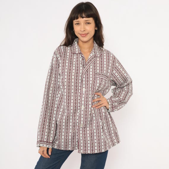 80s Pajama Shirt Geometric Stripe Burgundy Grey Notched Collar Pocket Top Long Sleeve Camp Lounge wear Sleepwear Vintage Classics Large L