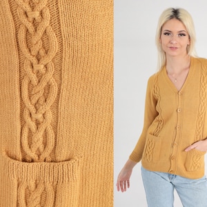 Mustard Cable Knit Cardigan 70s Boho Sweater Grandma Sweater Yellow Cableknit Button Up Vintage Raglan Sleeve 1970s Boho Extra Small xs