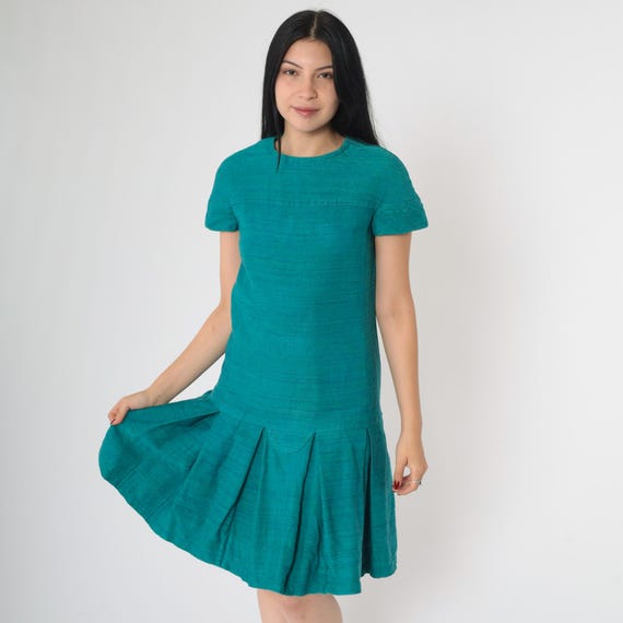 Vintage 60s Teal Mod Dress Drop Waist Mini Cocktail Party Short Sleeve Fit Flare Pleated Skirt Textured Raw Slub Fabric 1960s Extra Small Xs