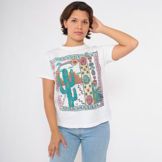 Vintage Southwestern Shirt Glittery Cactus Shirt 90s Desert TShirt Sparkly Beaded Retro T Shirt Graphic Print 1990s Southwest Snake Medium M