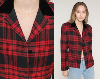 Red Plaid Blazer 70s Wool Button Jacket Retro Preppy Button up Jacket Tartan Notched Collar Checkered Collared Vintage 1970s Extra Small xs