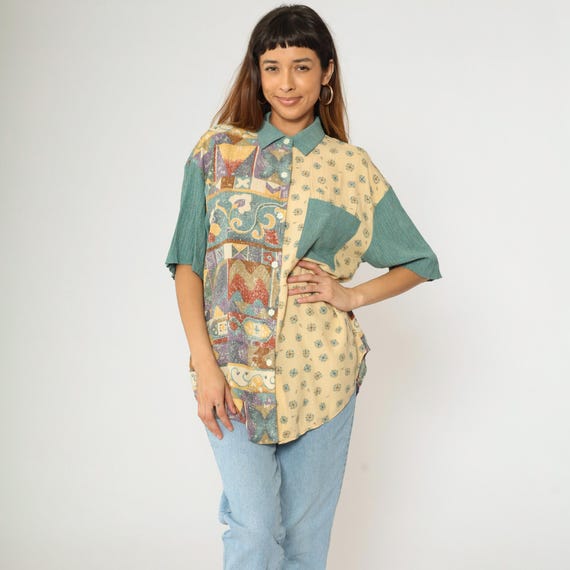 Vintage Patchwork Floral Blouse 90s Button Up Shirt Retro Short Sleeve Top Geometric Print Boho Summer Hippie Yellow Blue 1990s Medium 10