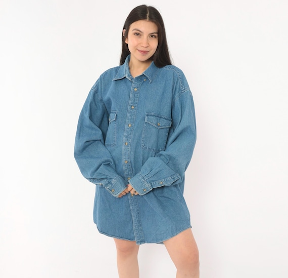 2000s Denim Button Down Shirt Blue Chambray Long Sleeve Collar Work Wear Utility Western Yoke Cotton Jean Blouse Relaxed Fit Tall Large L