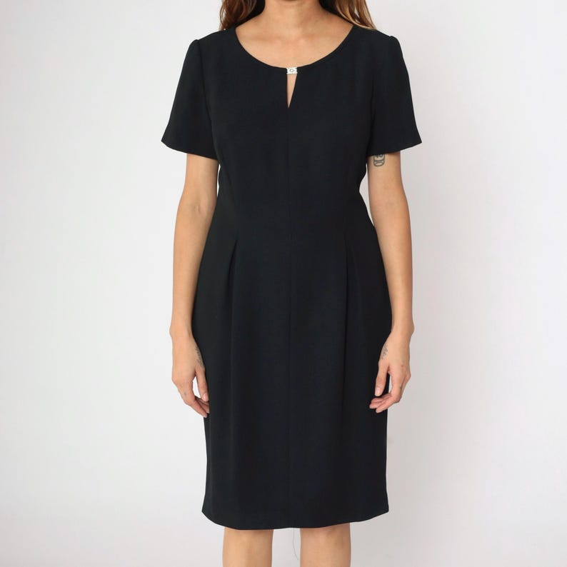90s Black Midi Dress Rhinestone Clasp Pencil Dress Plain Short Sleeve