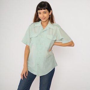 70s Button Up Shirt Mint Green Utility Semi-Sheer Retro Plain Collared Wool Blend Short Sleeve Chest Pocket Vintage 1970s Men&#39;s 15 Medium