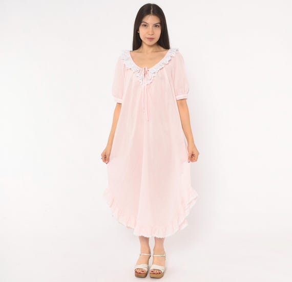 Pink Lace Nightgown 90s Puff Sleeve Robe Tie Front Ruffle Hem Babydoll Maxi Sleep Cotton Coquette Fairy Lingerie Housecoat Vintage Medium M
