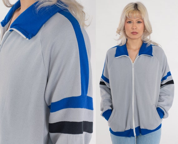 Grey Track Jacket 80s Zip Up Sweatshirt Blue Black Striped Bomber Warmup Streetwear Retro Sporty Athleisure Warm Up Gym Vintage 1980s Large