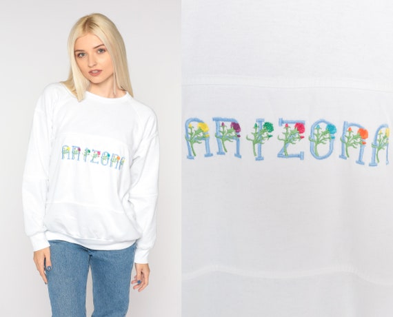 Arizona Sweatshirt 80s Floral Embroidered Sweatshirt White Pullover Crewneck Flower Shirt AZ Tourist Raglan Sleeve Vintage 1980s Large L
