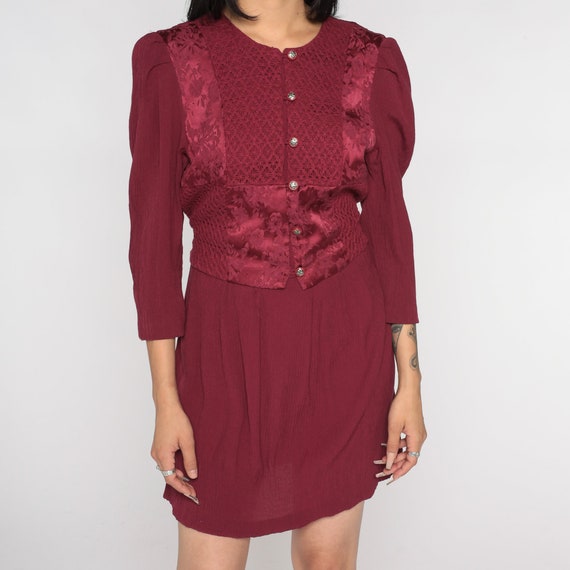 Burgundy Mini Dress 90s Brocade Floral Lace Mini … - image 9