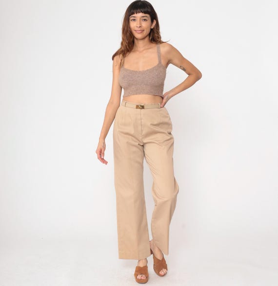 Beige Trousers 80s High Waisted Wide Leg Pants Vintage Cotton Polyester Belt Pleated  Office Professional Work Wear- Small Medium S M