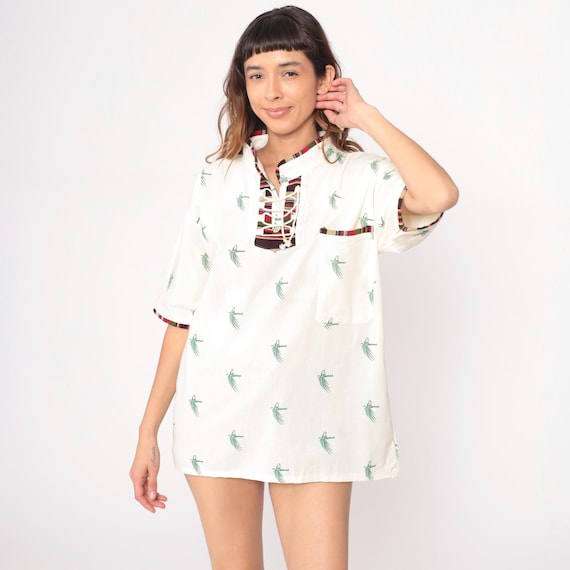 Guatemala Bird Print Lace Up Tunic Y2K White Green Cotton Short Sleeve Tropical Quetzal Mini Dress  Vintage Tie Front Peasant Blouse Large L