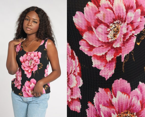 Black Floral Tank Top Y2K Popcorn Texture Blouse Stretchy Boho Sleeveless Shirt Pink Flower Print Summer Vintage 00s Small Medium Large XL