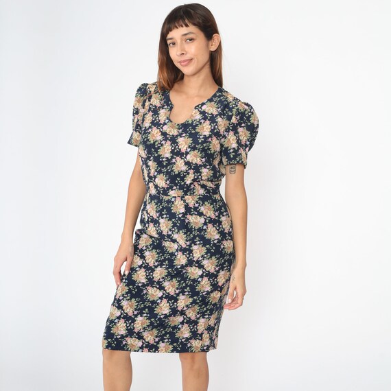 80s Floral Dress PUFF SLEEVE Dress Navy Blue Sheath Midi Dress Knee Length Garden Party Vintage 1980s Short Sleeve Secretary Medium 8