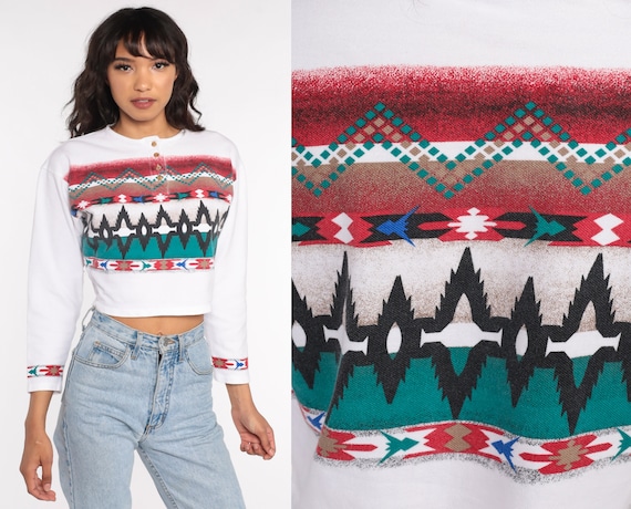 Southwest Crop Top Aztec Shirt Southwestern Geometric Shirt 80s Striped Long Sleeve Vintage Cropped Shirt 1990s Medium