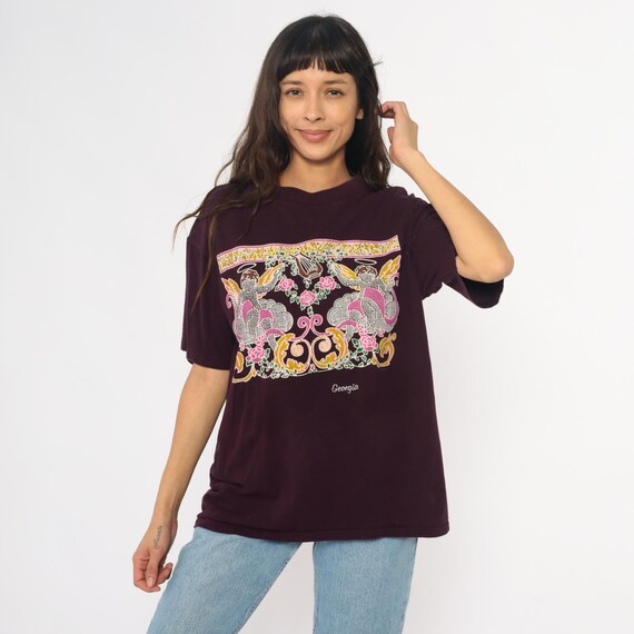 Cherub Babies Tee 90s Angels Cotton Burgundy Maroon Rose Floral Short Sleeve Crew Neck Georgia Print Vintage T-Shirt Valentines Day Large L