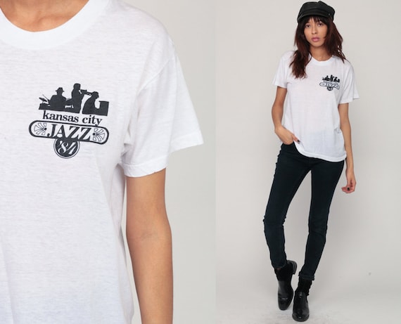 Jazz Shirt Music Shirt 80s Tshirt KANSAS CITY JAZZ 1980s Hipster Band Vintage t shirt Graphic Retro Tee Paper Thin Burnout Medium