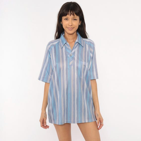 90s Watercolor Stripe Polo Blue Lavender Grey Shirt Chest Pocket Relaxed Fit Summer Spring Pastel Blouse Vintage Periwinkle Top Large L