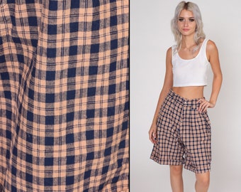 90s Plaid Shorts Pleated Trouser Shorts High Waisted Rise Cuffed Bermuda Shorts Knee Length Tomboy Retro Grunge Vintage 1990s Small S 27