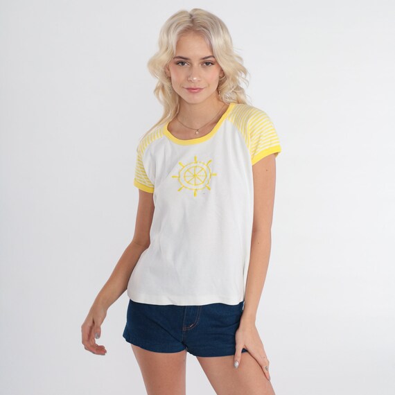 80s Nautical Shirt Sailboat Helm T-Shirt Sailing Ringer Tee Yellow White Striped Boat Graphic Tee Sailor TShirt Retro Vintage 1980s Small