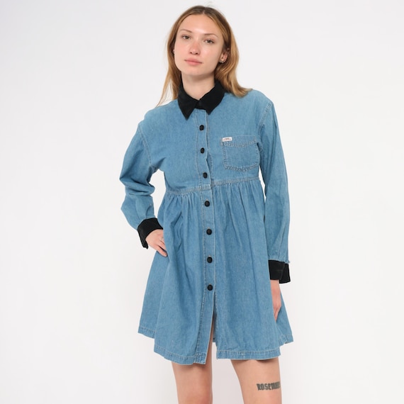 90s Denim Babydoll Dress Black Velvet Collar Cuff Button Front Cotton Jean Shirt Prairie Cottagecore Chambray Blue Mini Vintage Small S
