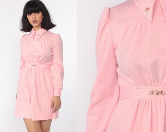 Pink Babydoll Dress Mod Mini Dress 60s Collared Long Puff Sleeve Empire Waist Embroidery Pastel Baby Twiggy 1960s Vintage Extra Small xs