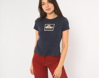 Yosemite National Park Tee Y2K Navy Blue Cotton Short Sleeve Baby Tee Mountain Graphic White Print Hiking Camping Outdoor Top Medium M