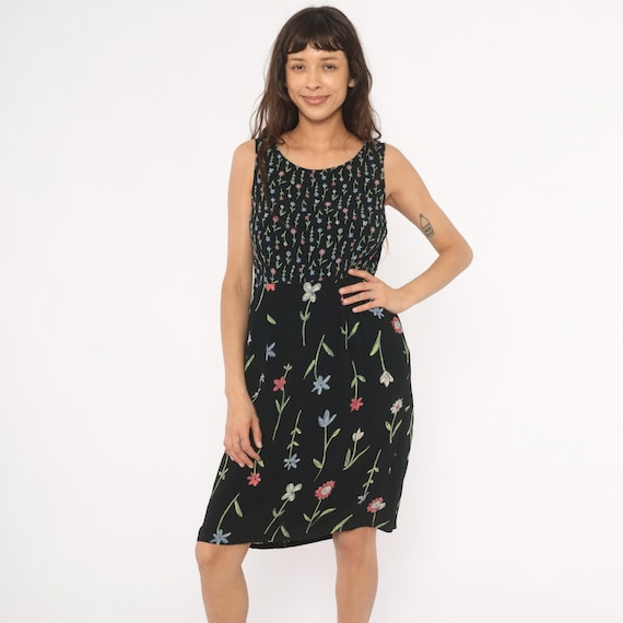 90s Floral Dress Black Sundress Putumayo Scoop Neck Knee Length Wildflower Pink Blue Green Tie Back Cottagecore Summer Garden Party Medium M