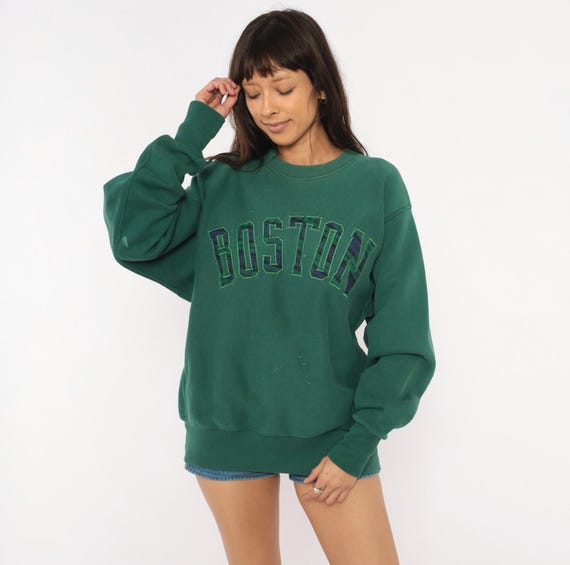 90s Boston Sweatshirt Plaid Applique Crewneck Teal Green Pullover Collegiate Varsity Letter Lightly Distressed Preppy Vintage Extra Large XL